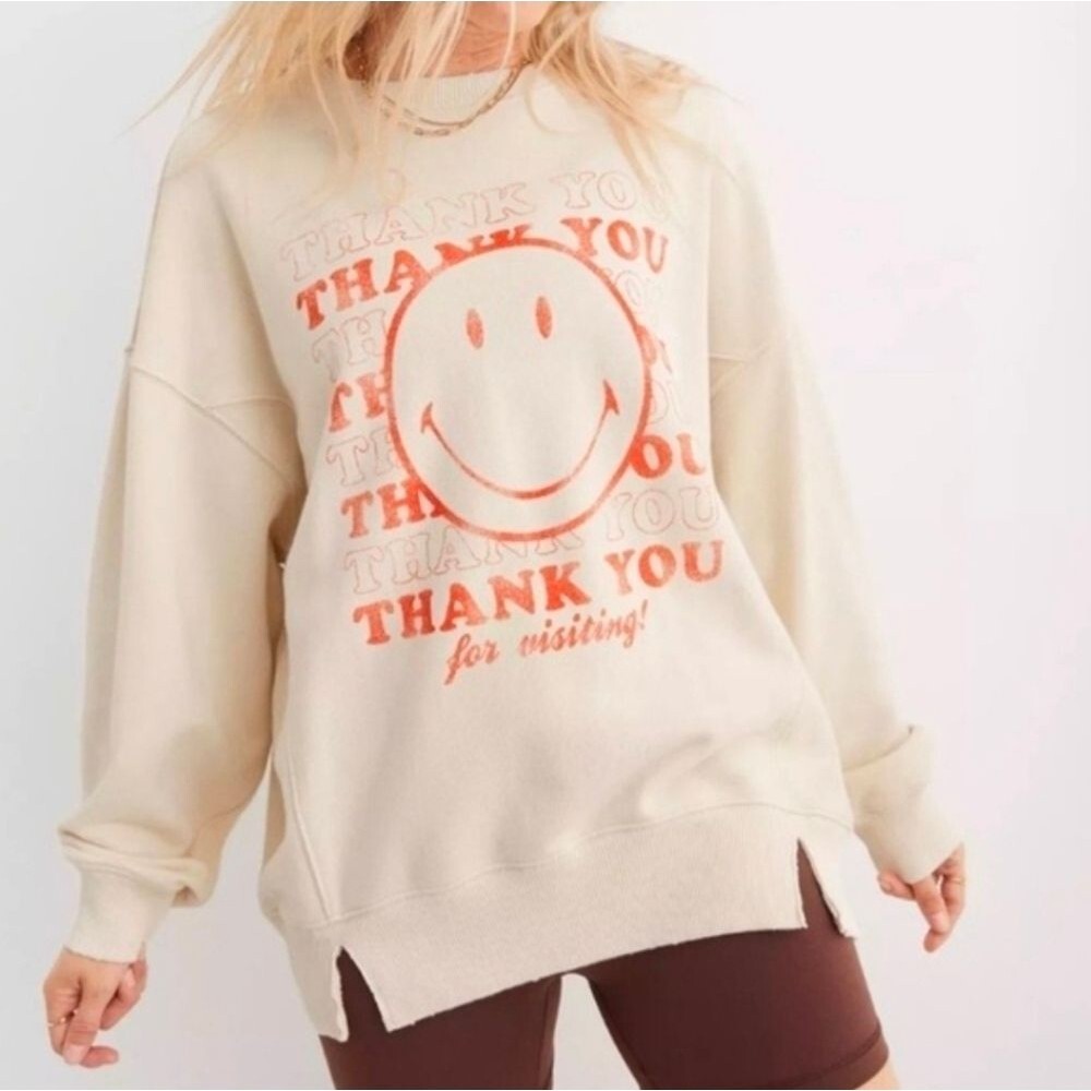 Aerie The Chill Crew Smiley Face Cream Thank You Oversized Crewneck Sz XS EUC